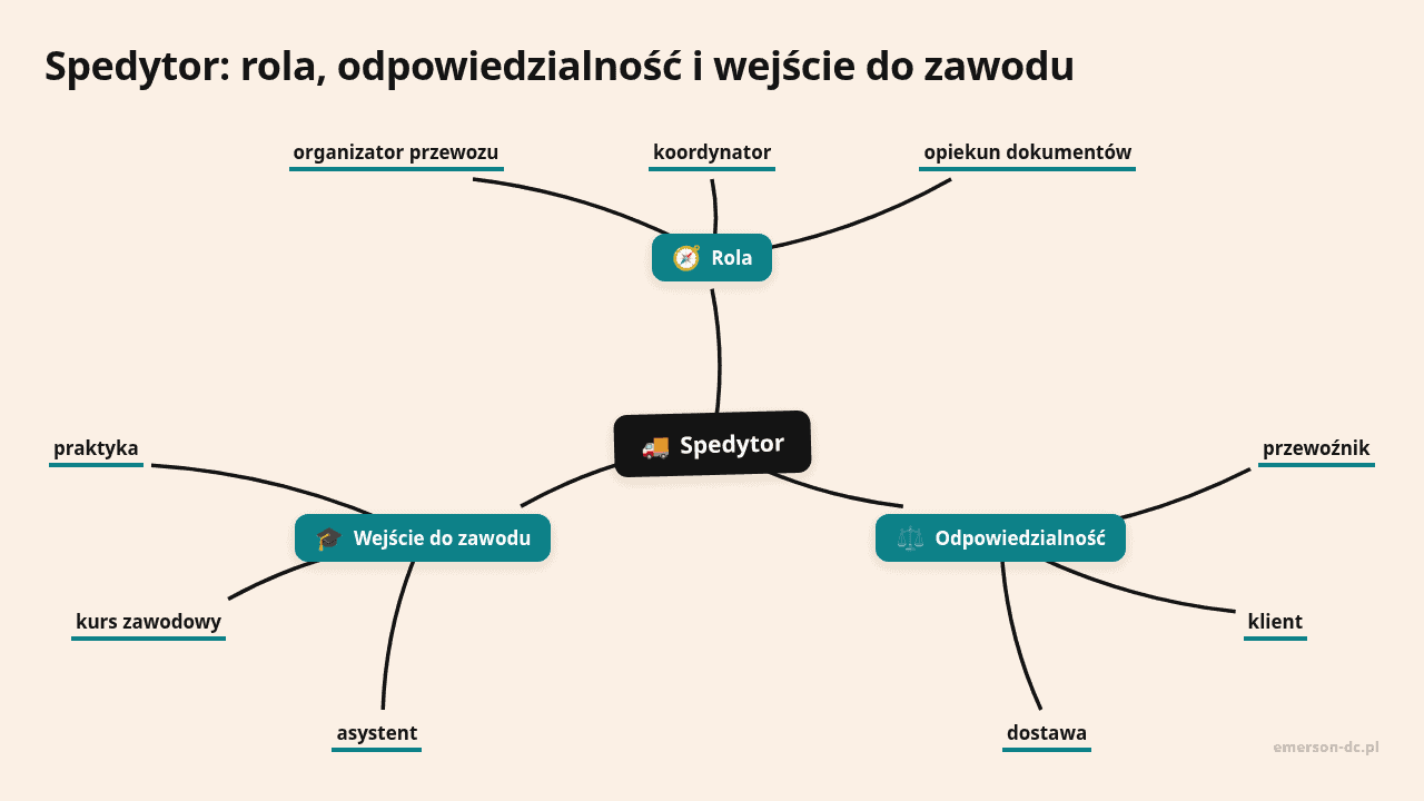 Mapa myśli: Spedytor, gałęzie: Rola, Odpowiedzialność, Wejście do zawodu